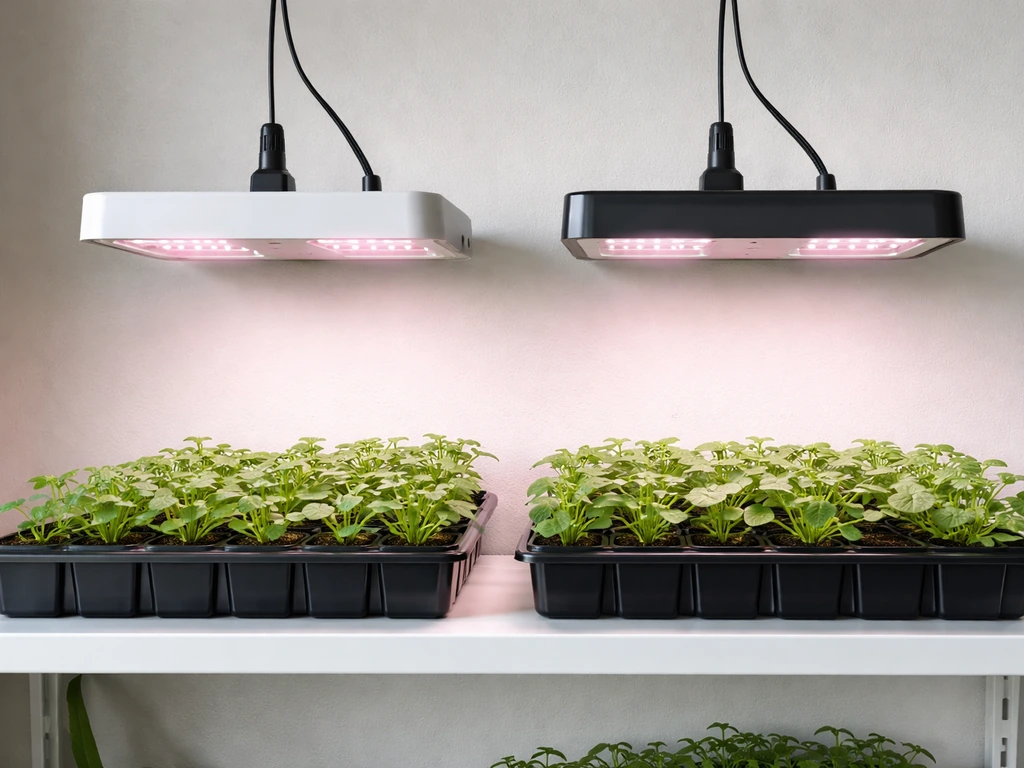 Two small grow light fixtures side by side over seedlings on a simple shelf, natural light.