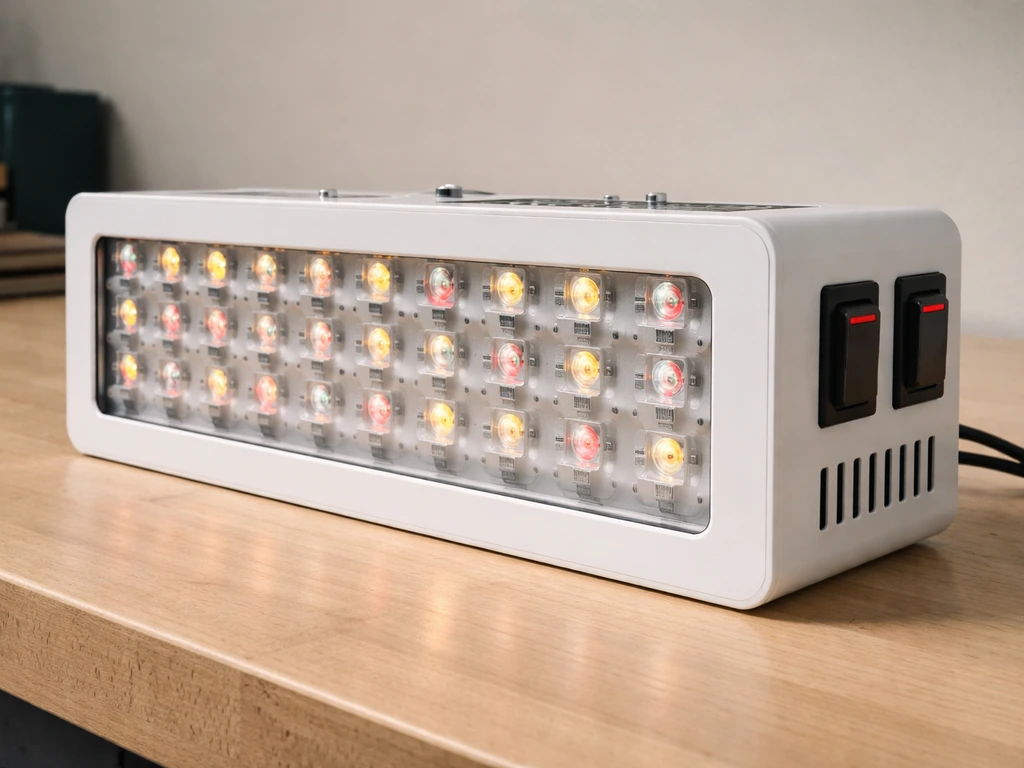 Close-up of a grow light fixture showing the LED array and side dual switches.