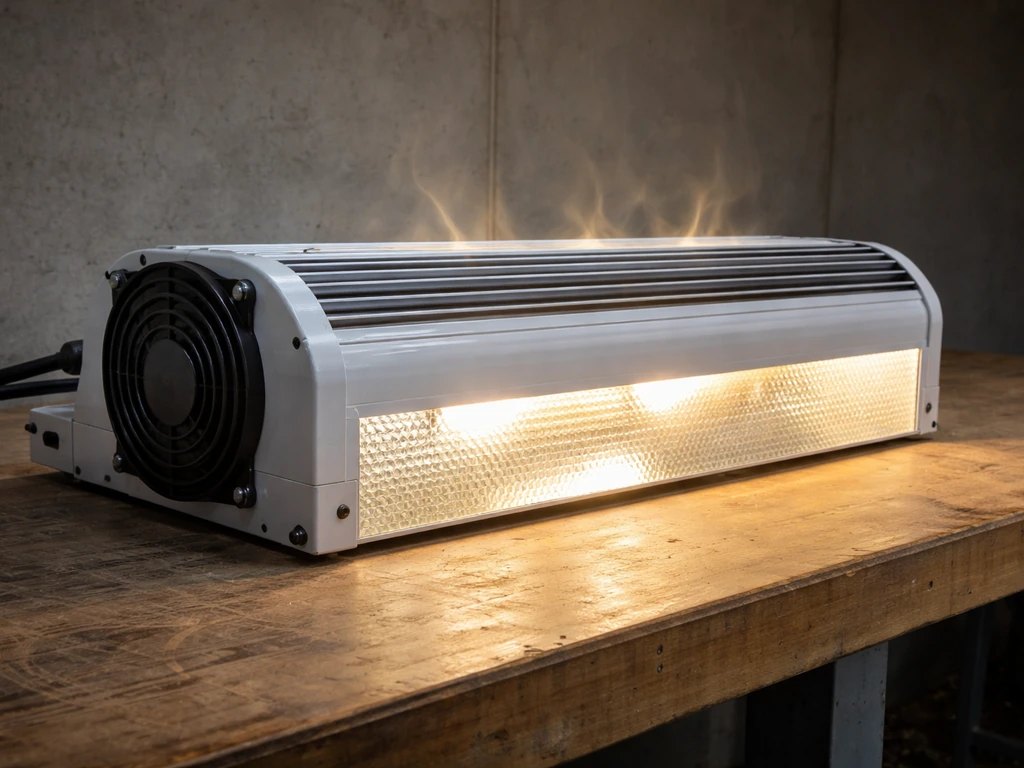 Side-on view of a 1000W light fixture running, fan area visible with subtle heat haze near vents.