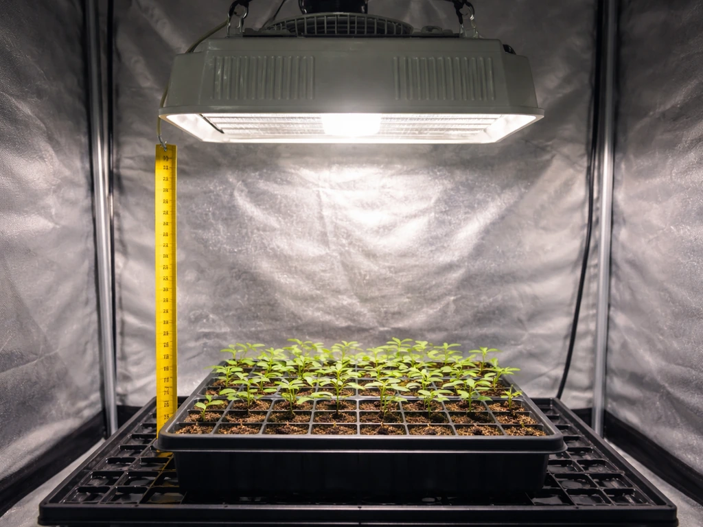 Seedlings in a small tray under a hanging 1000W grow light with a ruler showing height.