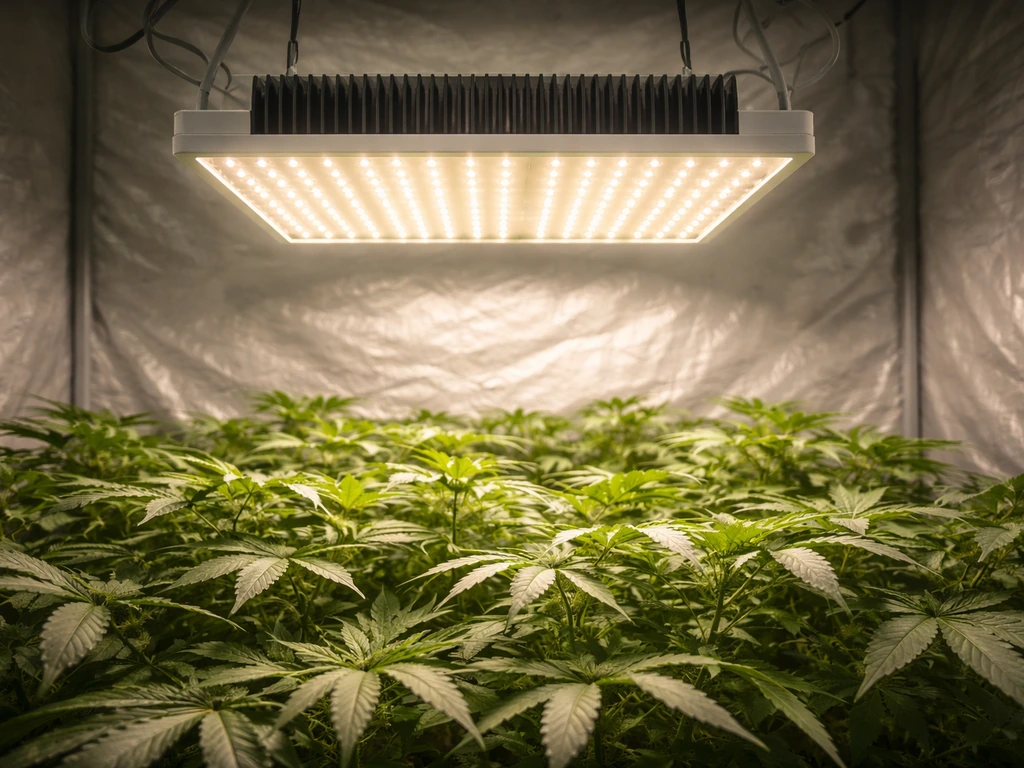 Sayhon LED grow light in a grow tent above an actively growing plant canopy, passive heatsink visible.
