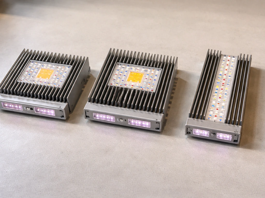 Three compact LED grow light bars arranged side by side on a clean tabletop with visible heatsinks and diode array.