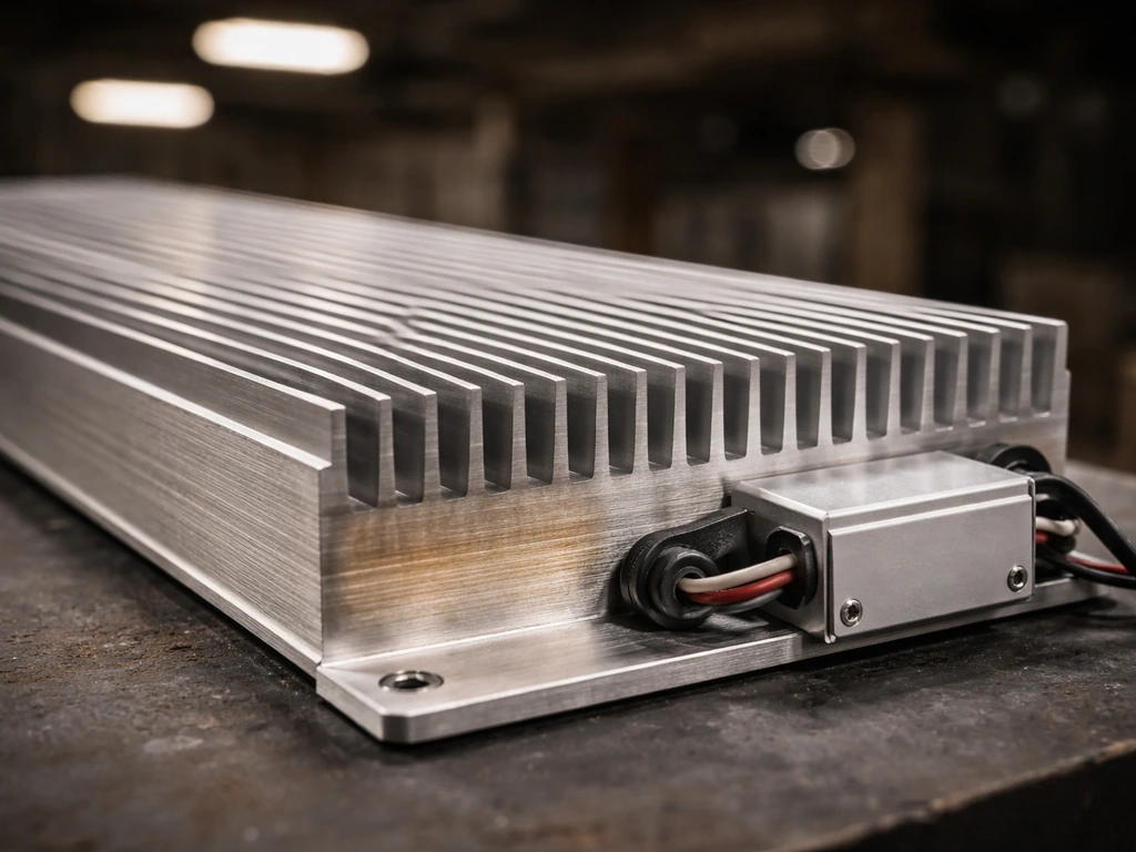 Close-up of a fanless aluminum heatsink chassis with finned metal and mounted driver module, minimal background.