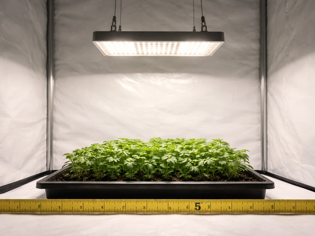 Grow tent setup showing a LED grow light centered above plants with a tape measure indicating 5 inches.