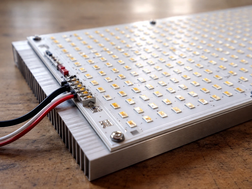 Close-up of a quantum board grow light assembly with LED diode array, heatsink, and wiring.