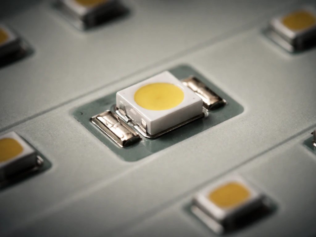Macro close-up of a small 3030 (3mm x 3mm) LED diode on a quantum-board style PCB with clear spacing