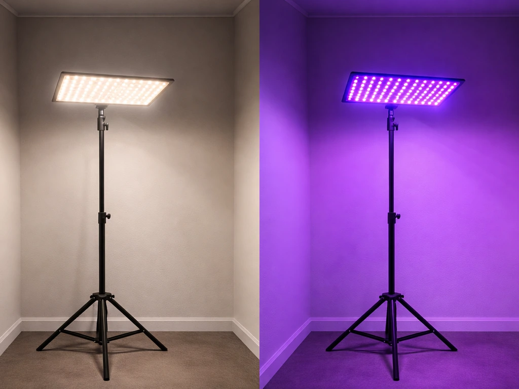 Side-by-side lighting: a broad white full-spectrum glow versus a vivid purple blurple-style glow on a wall.