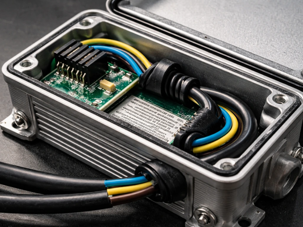 Close-up of an LED driver enclosure with waterproof seal, strain relief, and connector details on a workbench.