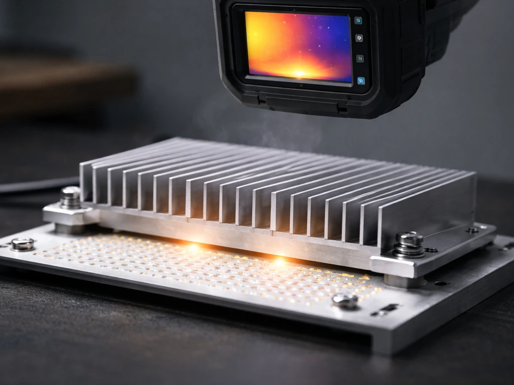 Close-up of an aluminum heatsink clamped to a quantum board while a thermal camera inspects heat.