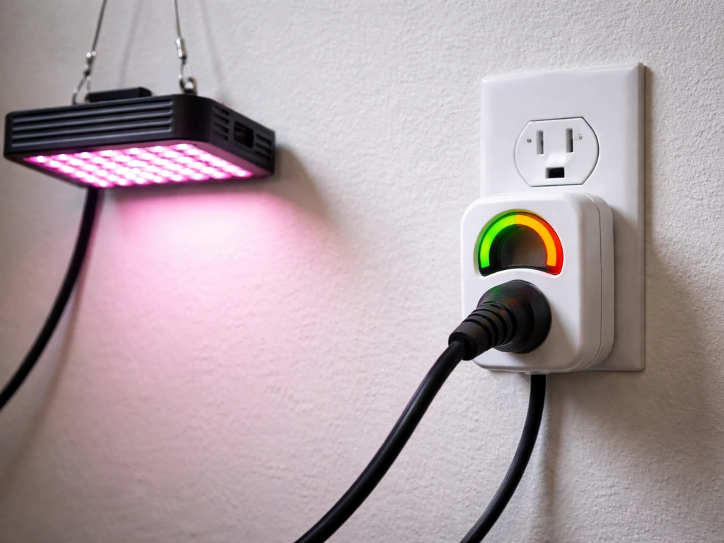 Close-up of an LED grow light plugged in beside a wall power gauge showing ~150W draw