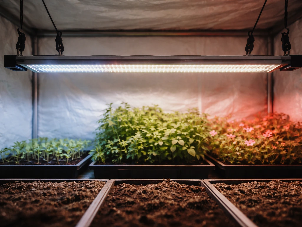 Indoor grow tent with seedlings, veg, and flowering zones lit in cool blue, balanced, and warm red.