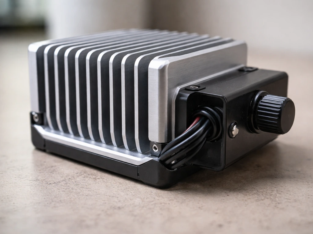 Close-up of a fanless light fixture’s aluminum heatsink and control knob area, showing silent passive cooling.