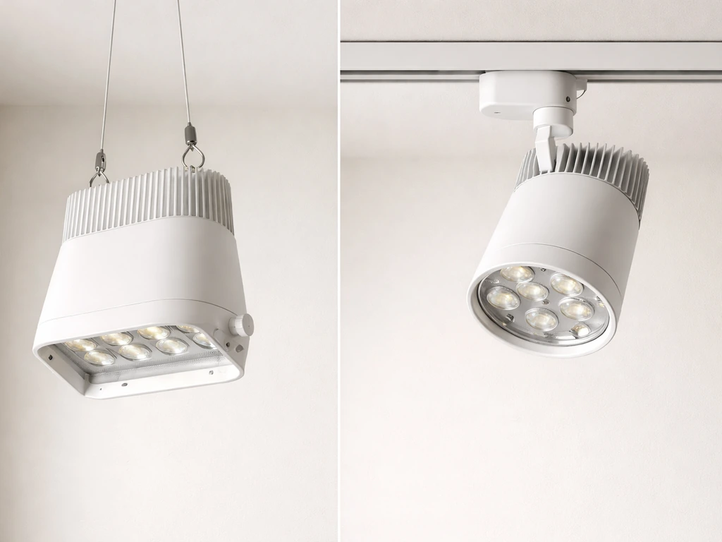 White pendant grow light with visible beam adjuster beside a track-mounted grow light on a ceiling.