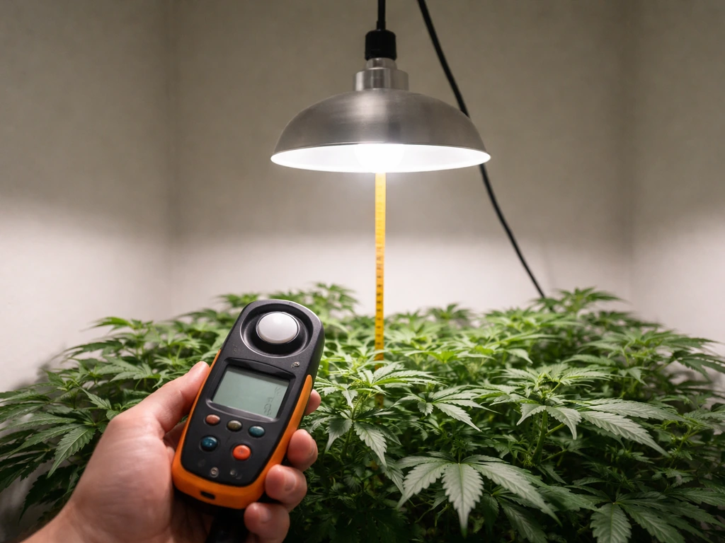 Handheld PPFD meter measuring light at a fixed distance above a plant canopy under a hanging grow pendant.