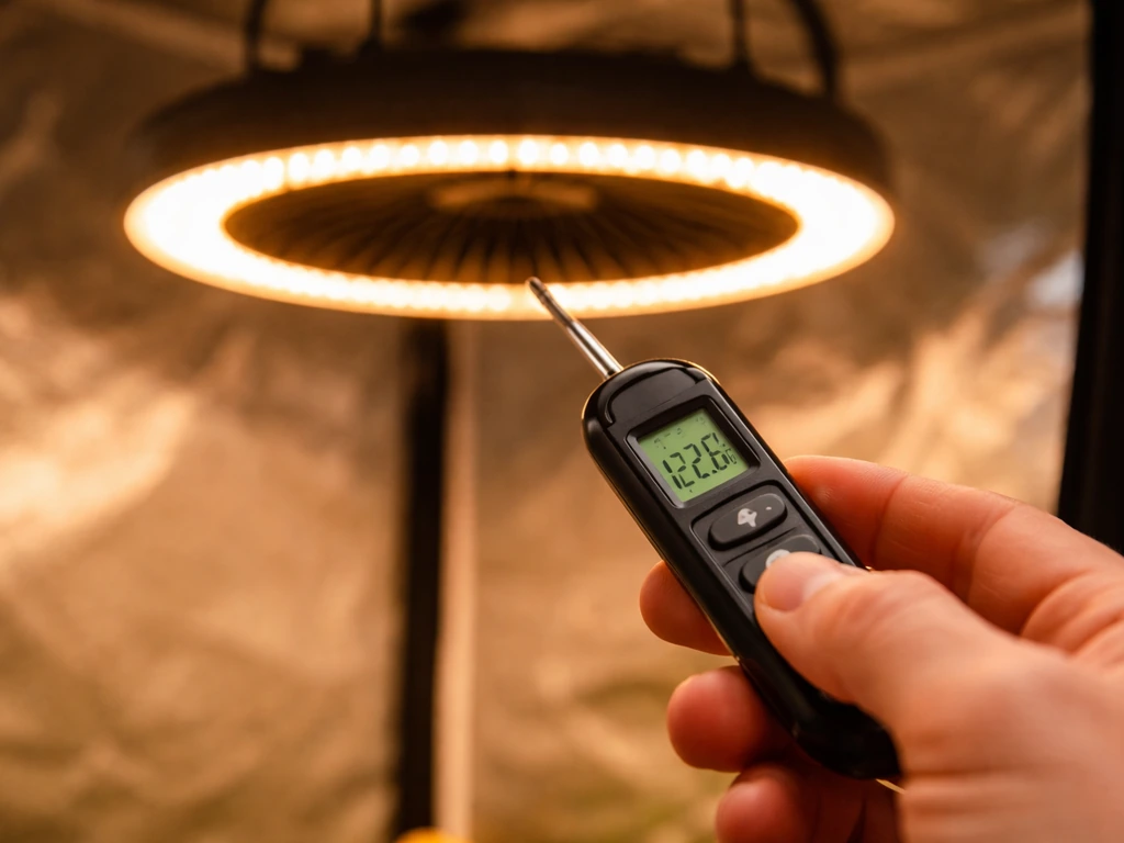 Person holding a thermometer near an operating Halo grow light in a simple grow tent setup.
