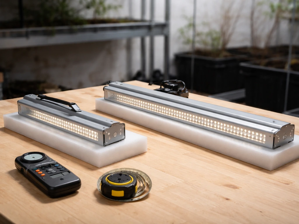 Two modern LED grow lights on a workbench with a light meter nearby in natural light.