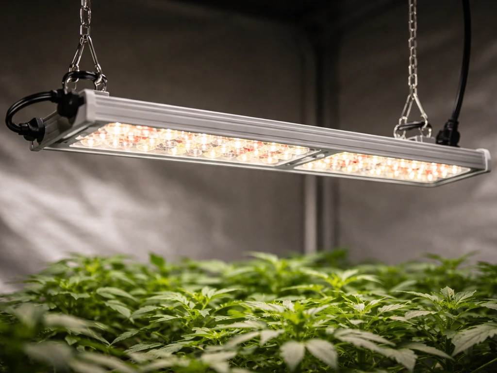 Bloom Plus LED grow light hanging above a small plant canopy, showing the LED array and hardware.