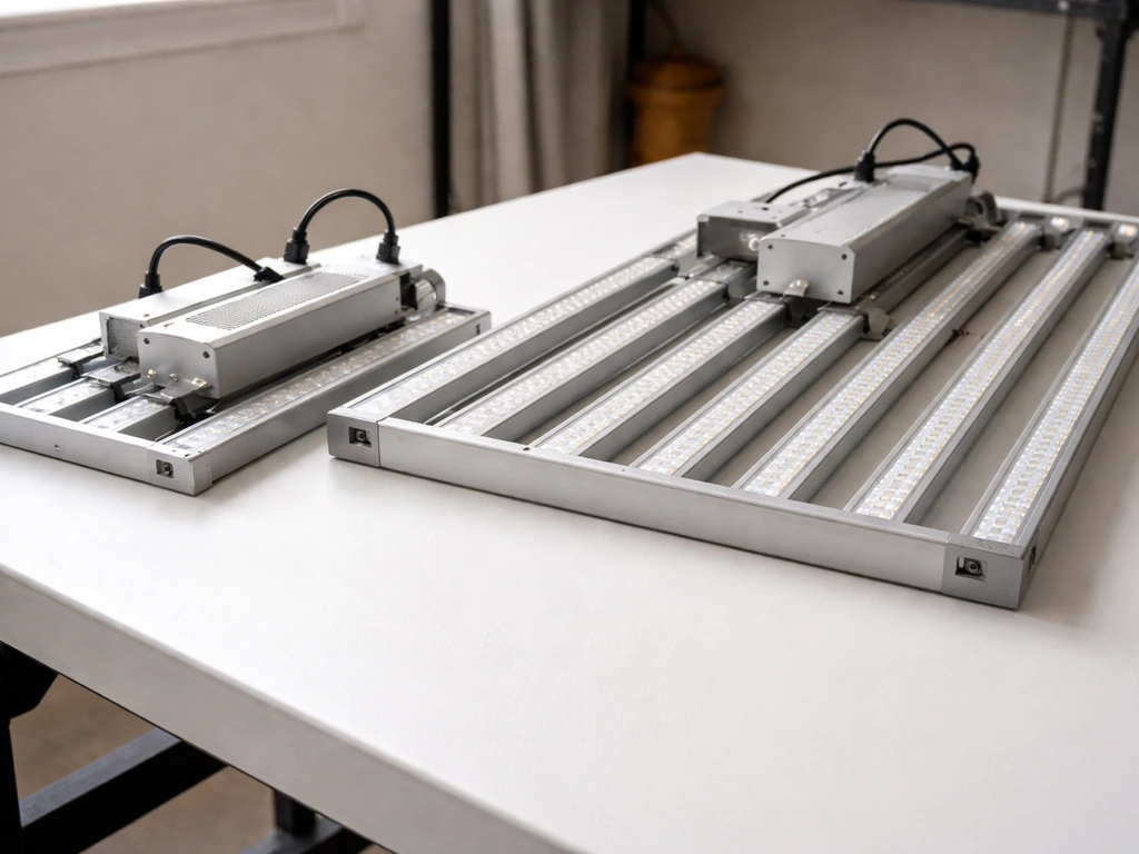 Two small grow light fixtures labeled with wattage and coverage next to each other on a clean workbench.