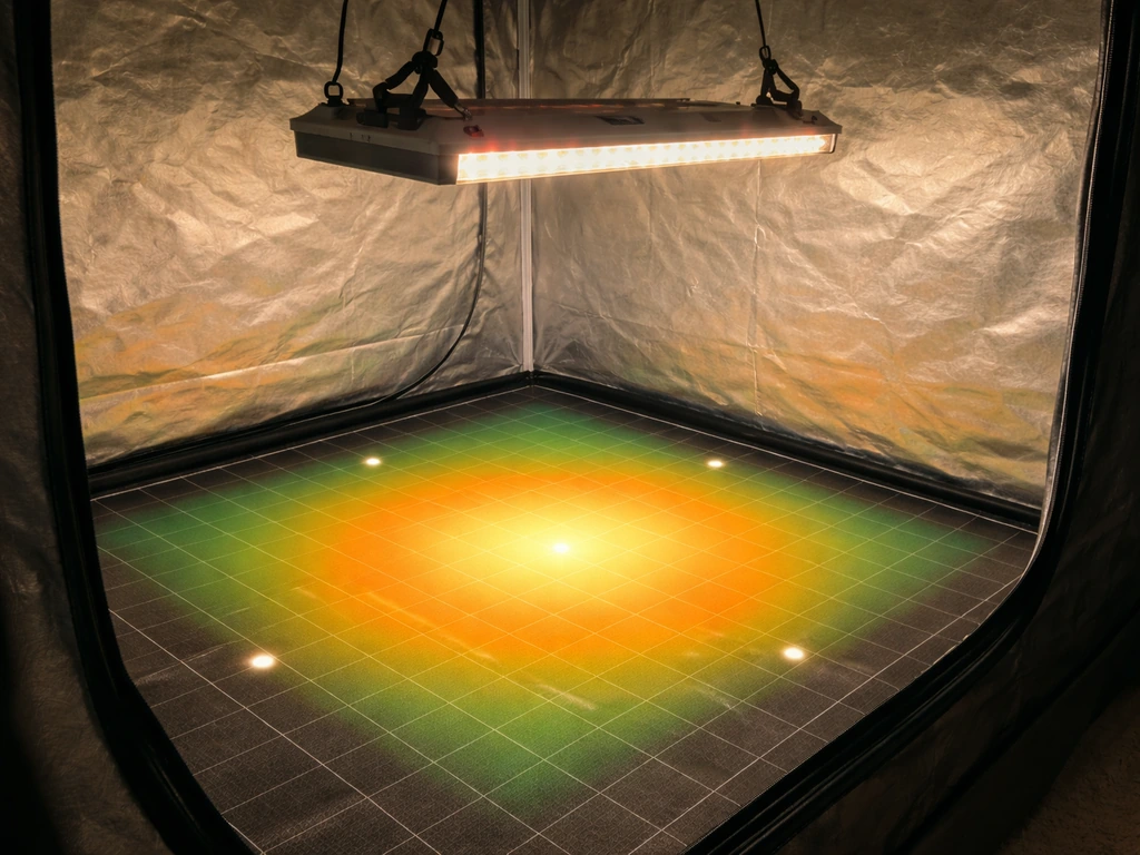 Grow tent LED light with a subtle PPFD heatmap overlay over the floor grid and a few glowing measurement points.