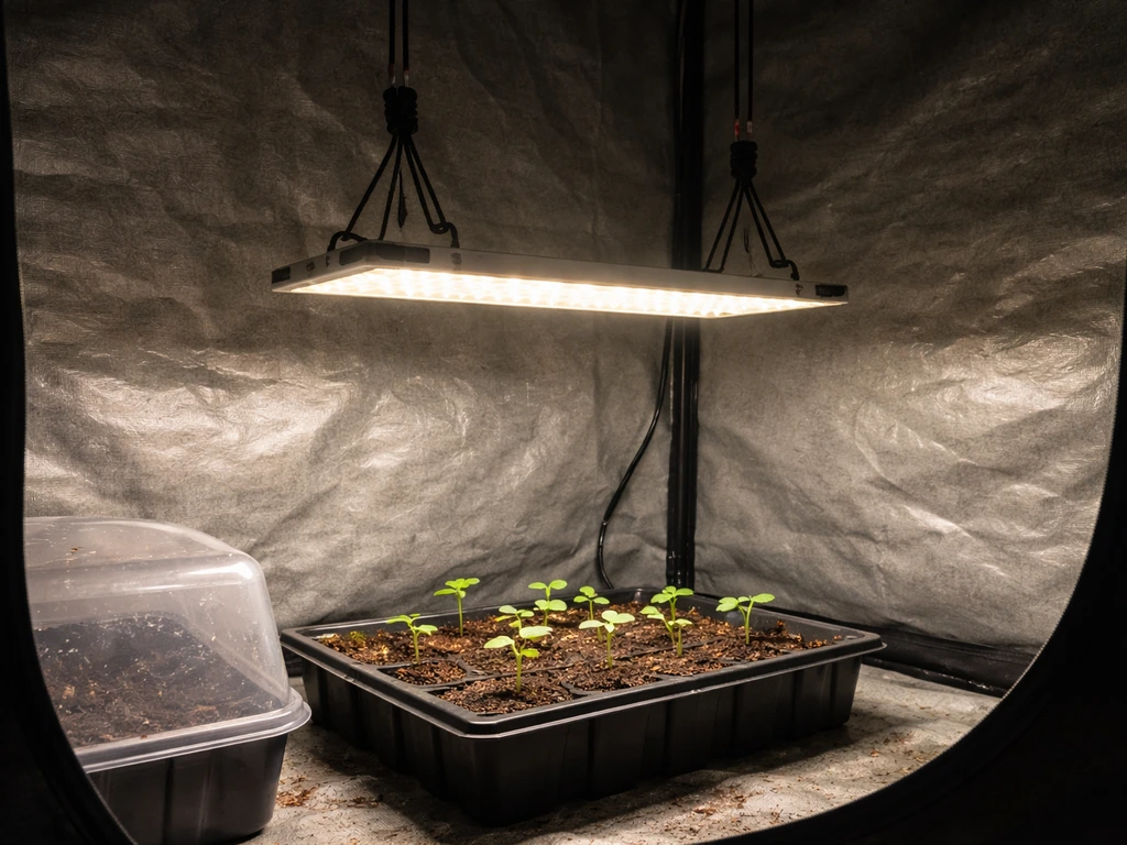 Seedlings under a hanging LED grow light with rope ratchets showing adjustable height in a minimal grow tent.