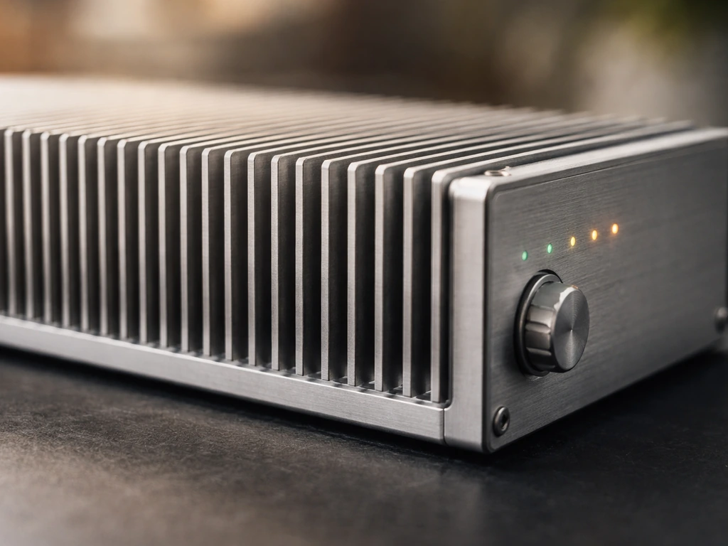 Close-up of a fanless aluminum heat sink and simple controls on a Bloom Plus device in operation.
