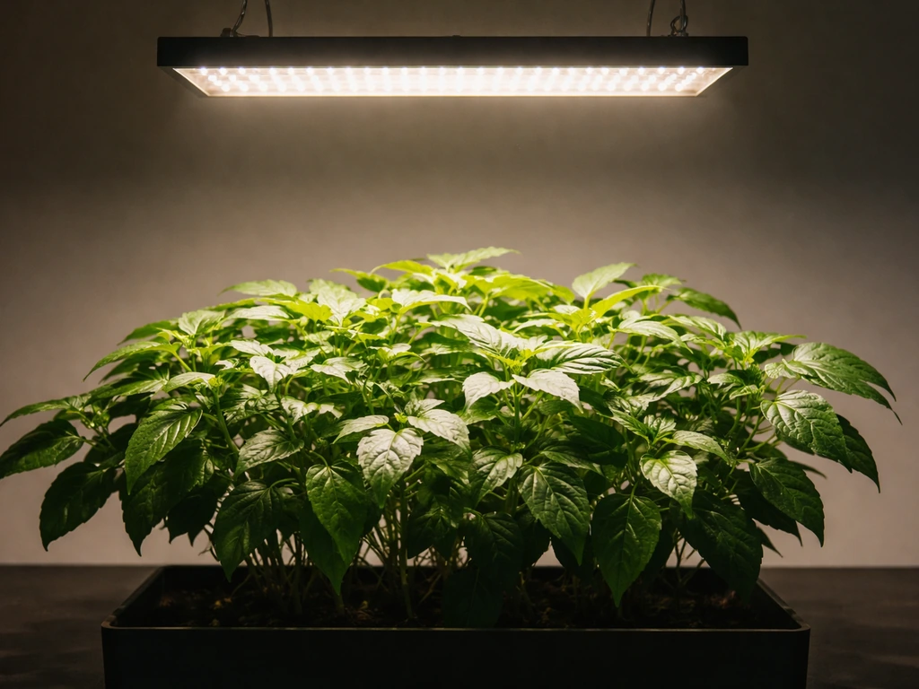 Indoor plant canopy lit by an overhead grow light, showing visible light spill onto nearby leaves.