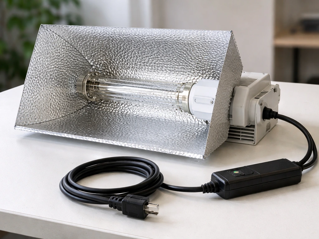 Reflector-style 600W grow light on a workbench with visible control module and neatly connected cables.