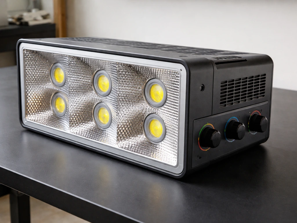 Close-up side view of a Wills WL-6500 grow light showing reflector face and three dimming control regions.