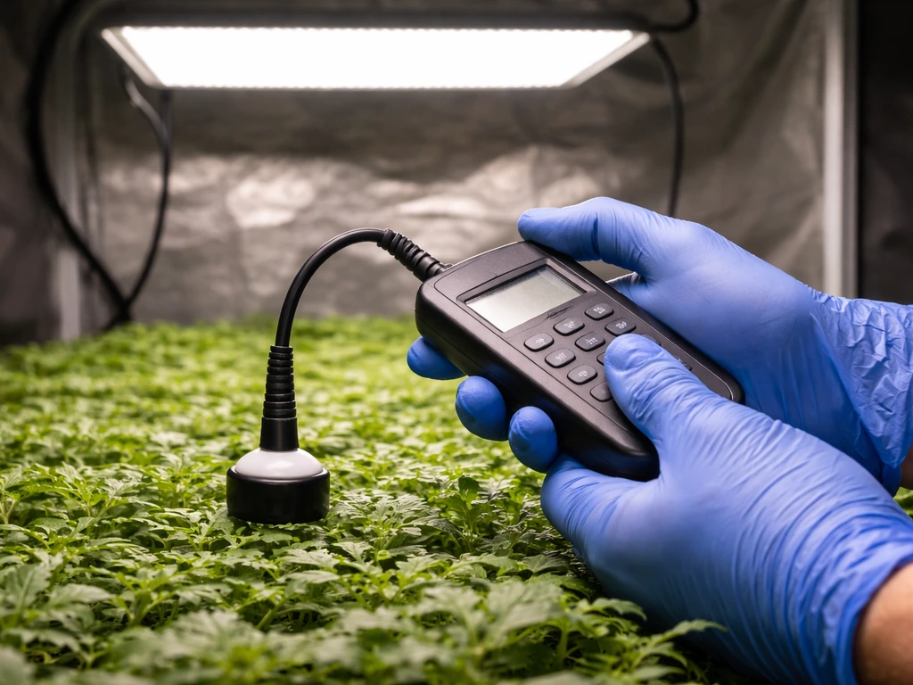 Gloved hands holding a quantum sensor at canopy height under an LED grow light to measure PPFD.