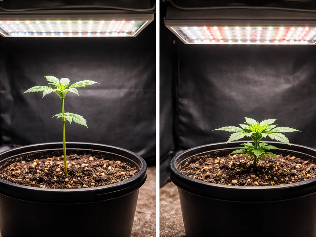 Two close-up cannabis seedlings under LED grow lights—left leggy and right compact after adjusting light distance