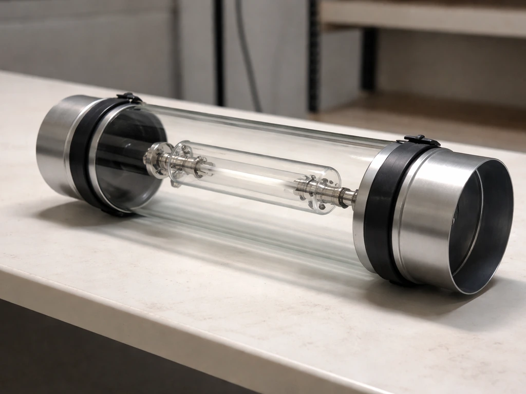 Close-up of an air-cooled glass tube grow light showing capped duct flanges and the internal HID lamp.