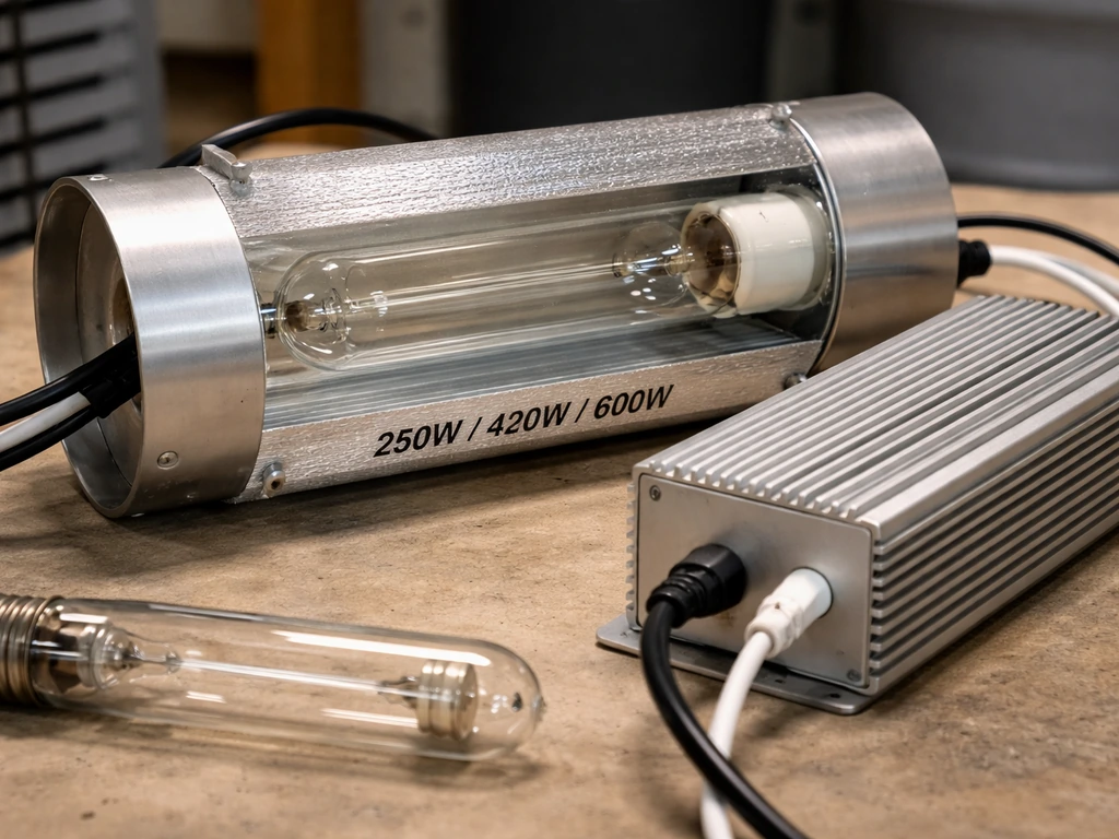 Close-up of a cool tube with visible wattage ratings next to an unbranded HID bulb and ballast for matching.