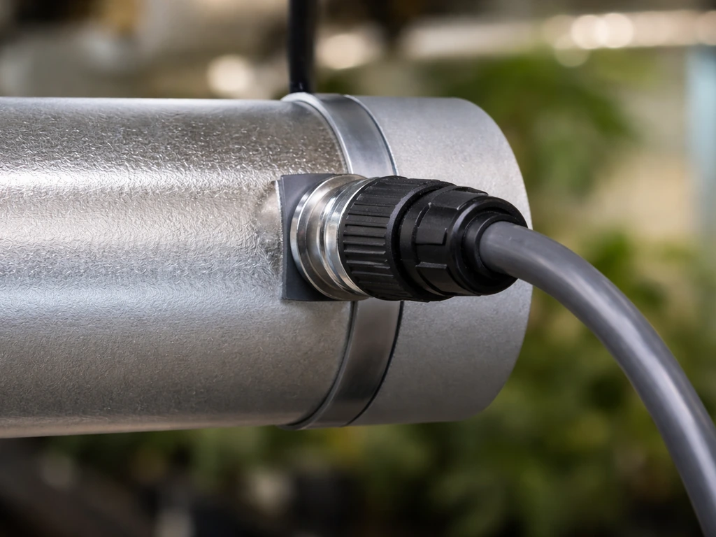 Close-up of a lock-and-seal ballast cable connection attached to a cool tube in a hydroponics setup.