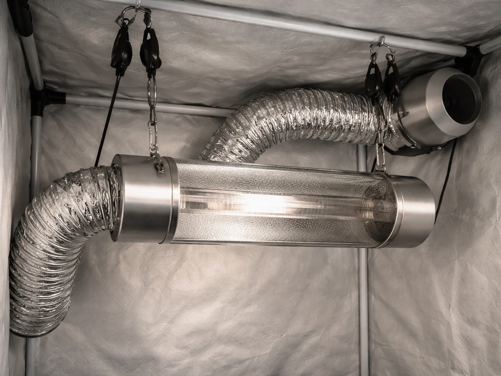 Cool tube ventilation duct hanging in a grow tent, level on ratchet hangers with inline fan ducting.