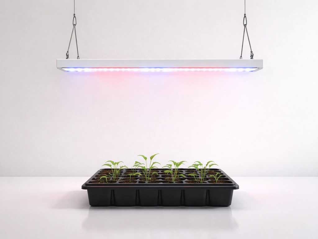 Feit Electric 2ft LED grow light hanging over a small indoor seedling tray, fixture and cables clearly visible.