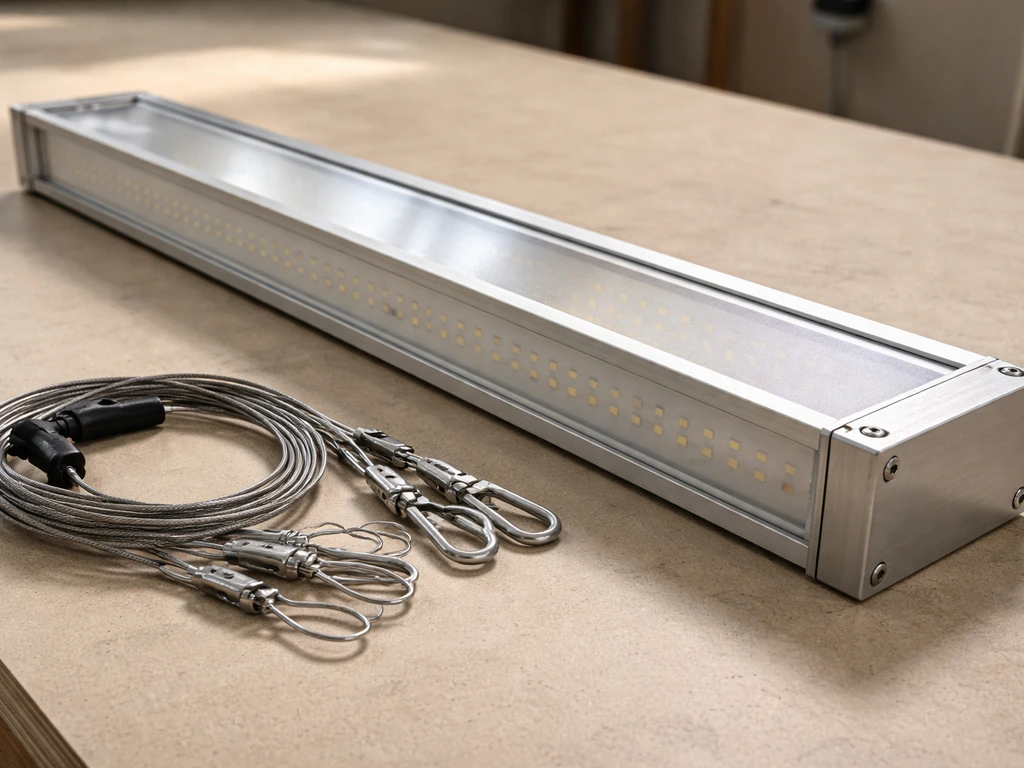 Close-up of a grow light housing with LED strip visible through the diffuser lens and hanging wire harness