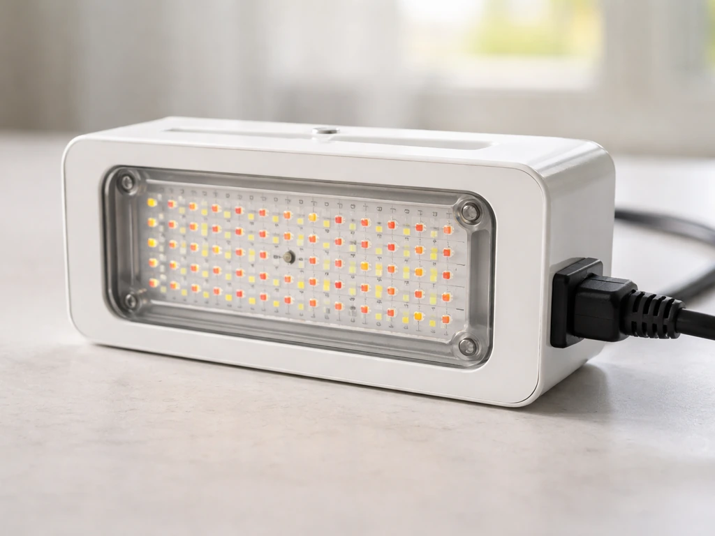 Close-up of a fixed LED grow light fixture showing the LED layout and the on/off plug connection point.