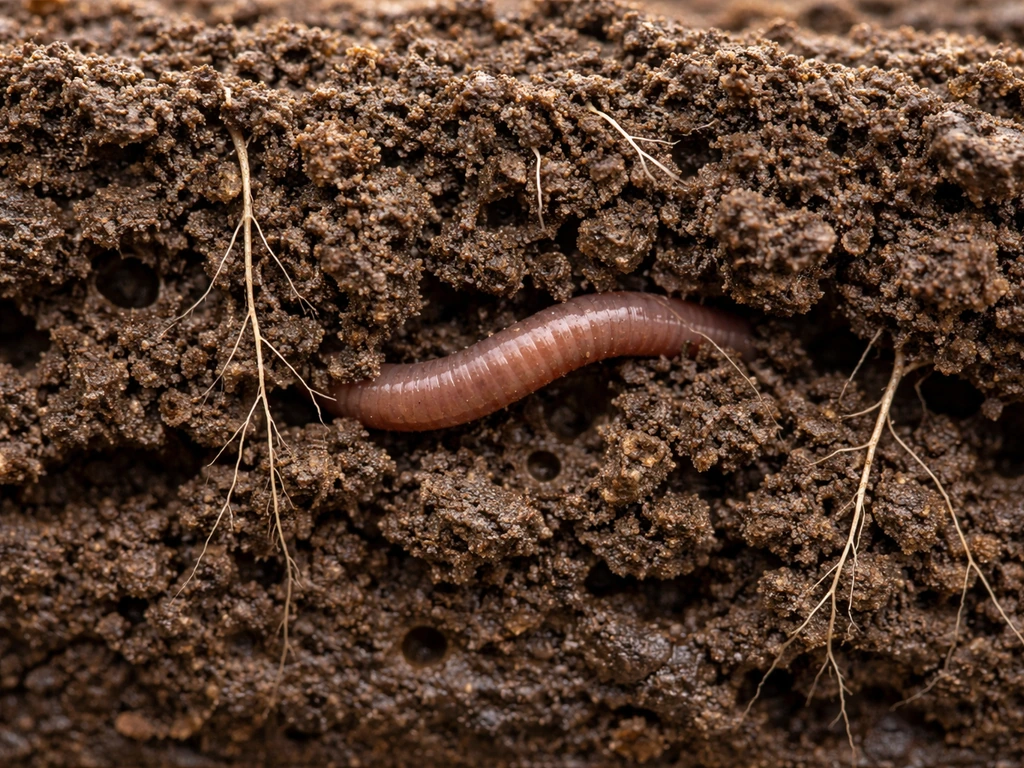 Close-up cross-section view of healthy soil aggregates with visible pore spaces, roots and an earthworm.