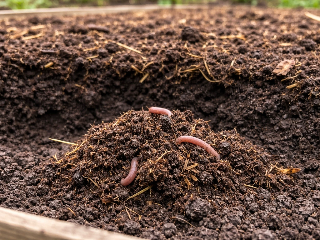 Close-up of finished compost in a garden bed with moist soil and a few earthworms present.