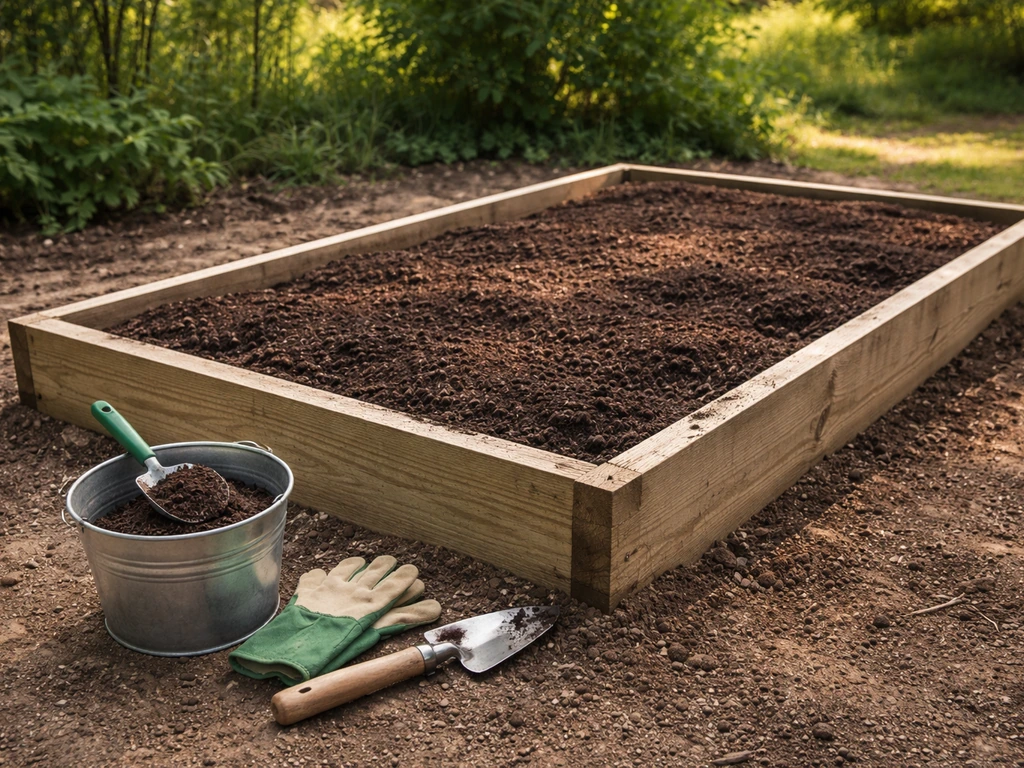 Finished compost evenly spread on a raised vegetable bed with tools and gloves nearby.