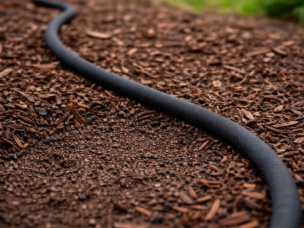 Soaker hose laid in mulch over garden bed with dry soil and nearby healthy ground, showing correct watering.