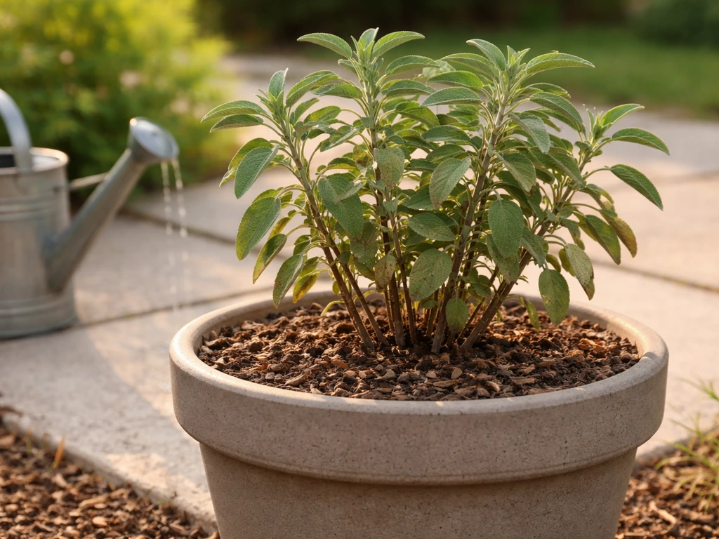 Healthy potted plant with dry leaves and well-aerated soil, watering can nearby suggesting early-day watering.