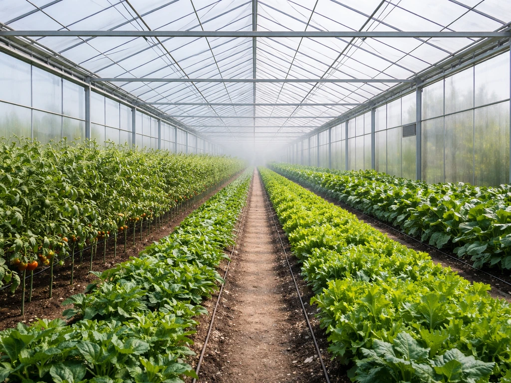 Wide view inside a greenhouse with neat rows of fruit and vegetable plants under translucent panels