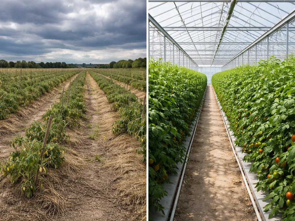 Split view of open-field beds under harsh weather vs lush, uniform crops inside a greenhouse.