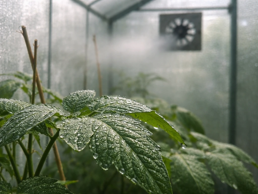 Greenhouse leaves with visible condensation droplets, with subtle airflow suggested by blurred vent airflow