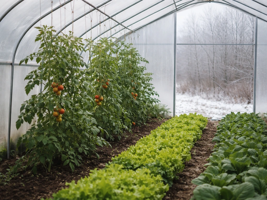 Winter greenhouse with tomato vines and leafy greens growing under clear plastic, cold outdoors visible.
