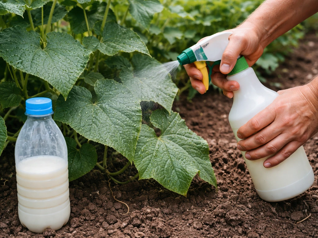 Gardener spraying diluted milk foliar spray onto cucumber leaves in a home garden, with a milk bottle and sprayer.