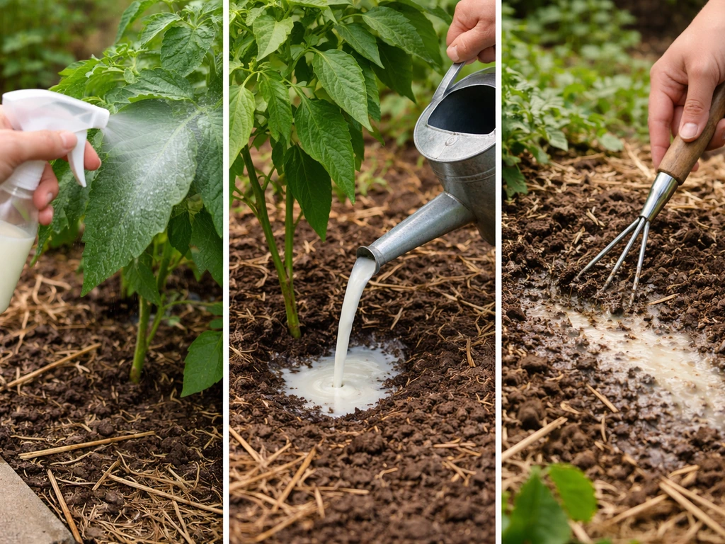 Three gardening methods side-by-side: leaf foliar spray, soil drench at plant base, and bed compost amendment.