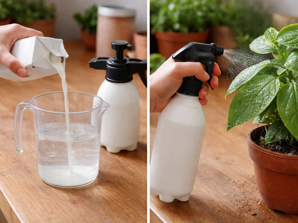Hands pour milk into water to make a 10% spray, then mist-spray leaf undersides with a clean bottle.