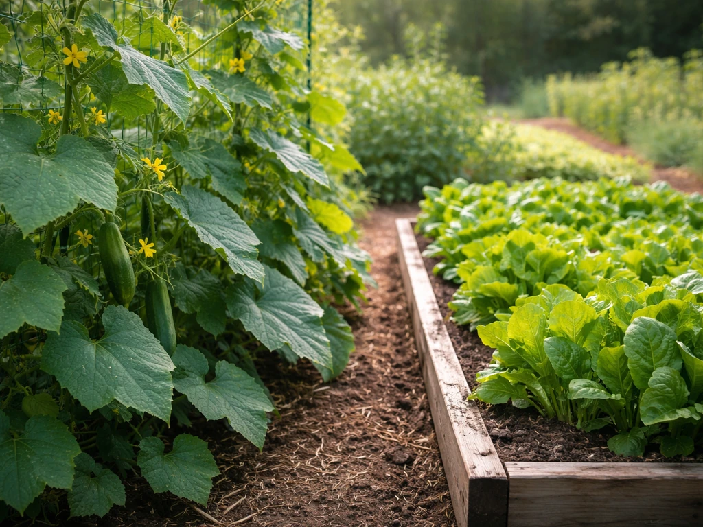 Cucumber and zucchini plants with healthy foliage beside a separate bed of leafy greens under natural light.